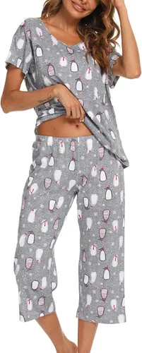 Vista 21 de ENJOYNIGHT Conjuntos de pijama de algodón para mujer, pijamas de verano con pantalones capri, ropa de dormir Gato negro