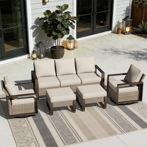Vista 11 de Joyside - Sofá de mimbre para patio al aire libre, sofá de ratán de 3 plazas con cojines gruesos de olefina y reposabrazos rectangular con marco
