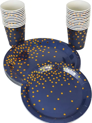 Vista 5 de 175 platos y servilletas azules para fiestas, decoraciones de fiesta azules y doradas para 25 invitados, platos de papel azul rey para decoraciones