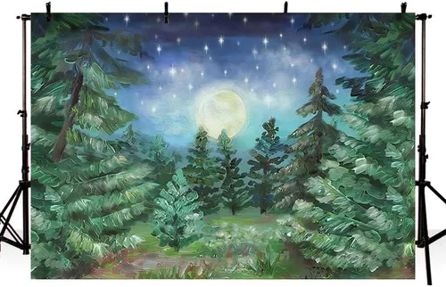 Vista 3 de Telón de fondo de bosque nocturno estrellado de 5 x 3 pies, selva, noche, luz de luna, bosque, pino, luna grande, fondo de fotografía, fondo