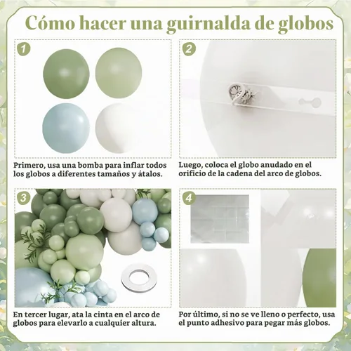 Vista 4 de Kit de arco de globos verde salvia azul pastel, 124 piezas de globos macarón amarillo blanco verde para decoraciones de cumpleaños de ganso, género