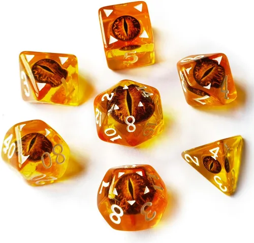 Vista 3 de Bescon Dragon Eye RPG Juego de 7 dados poliédricos de ojo de dragón, juego de ojos ámbar