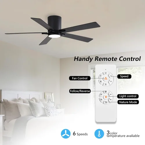 Vista 2 de WINGBO Ventilador de techo de montaje empotrado CC de 48 pulgadas con luces, motor CC reversible de 6 velocidades, 3CCT, ventilador de techo