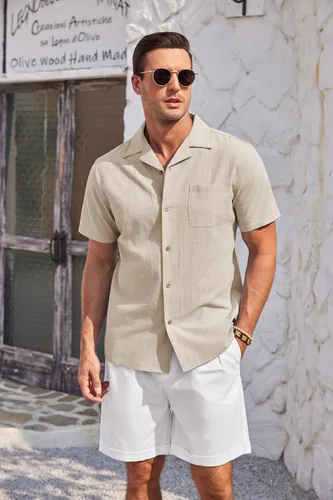 Vista 2 de COOFANDY Camisa casual de lino de algodón para hombre, de manga corta, con botones, para verano y playa