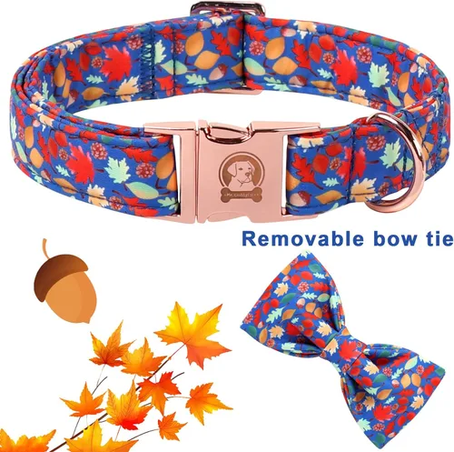 Vista 2 de Collar de perro de arce otoñal con lazo, lindo collar de cachorro de hojas rojas para Halloween, Acción de Gracias, collar para mascotas de otoño