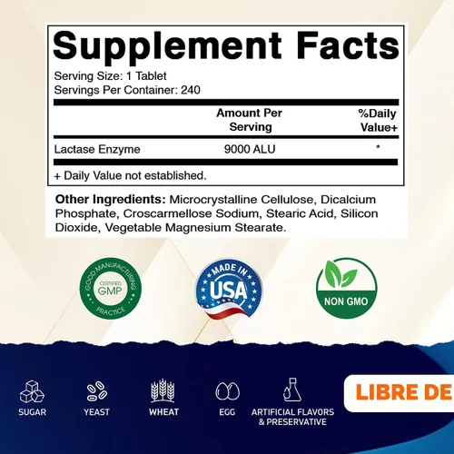 Vista 2 de Vitamatic Enzima de lactasa 9000 FCC 240 comprimidos - Caplets de alivio para la intolerancia a la lactosa