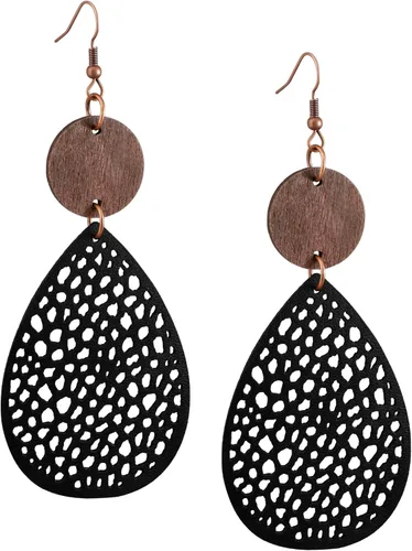 Vista 12 de Bohemian Hollow Cut-Out Wood Leather Dangle Drop Earrings, Boho Chic Hippie Statement Jewelry Gift for Women S01A