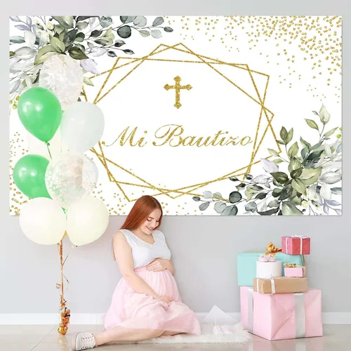 Vista 2 de Mi Bautizo - Telón de fondo para primera comunión para bautismo, recién nacido, baby shower, fondo dorado con purpurina, vegetación, eucalipto