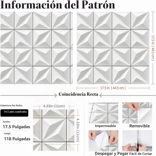 Vista 7 de FunStick Papel tapiz 3D de azulejos blancos modernos para despegar y pegar para dormitorio, cocina, sala de estar, pared de acento autoadhesivo