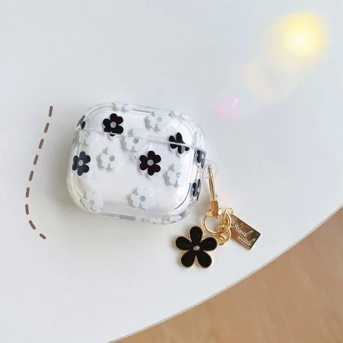 Vista 2 de Funda protectora para AirPods Pro de 1ª generación con llavero, bonita funda protectora para auriculares con flores negras y flores, TPU suave
