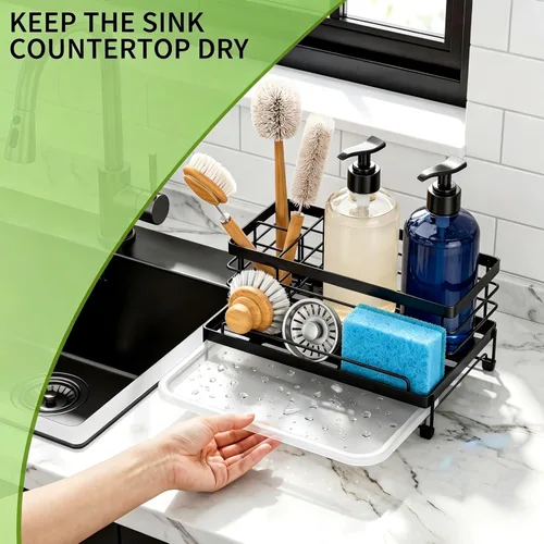 Vista 4 de Cisily Soporte Grande de Esponja Negra para Cocina, Caddy de Fregadero Estante Organizador de Fregadero para Accesorios de Cocina con Bandeja