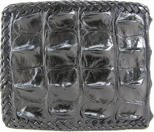 Vista 3 de Cartera plegable hecha a mano con piel auténtica de cocodrilo y cocodrilo, Negro -, Billetera plegable
