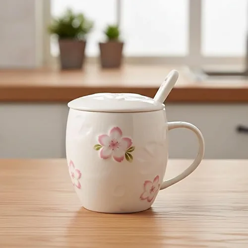 Vista 2 de Taza de té Kawaii con tapa y cuchara, taza de café de flor de cerezo, bonita taza de té de cerámica, el mejor regalo para mujeres, ella, hermana