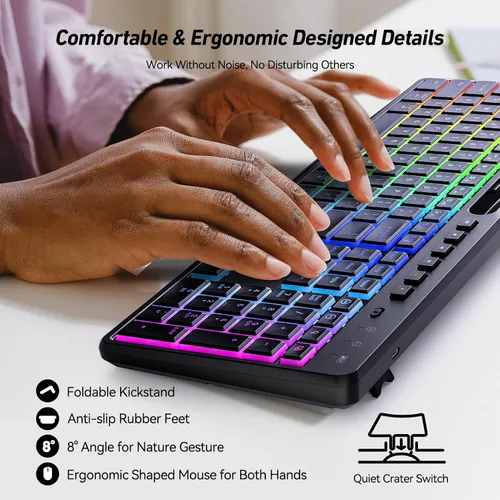Vista 8 de Combo de teclado y mouse inalámbricos con retroiluminación, teclado recargable de 2.4 GHz con soporte para tableta de teléfono, 11 teclas de acceso