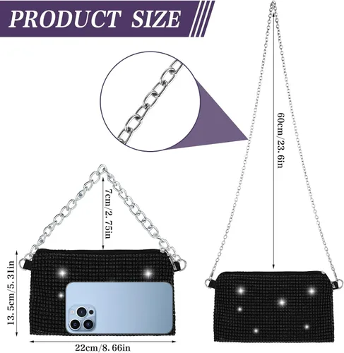 Vista 4 de Bolso de mano de noche brillante para mujer, bolsa de mensajero con purpurina con cadena desmontable para graduación, boda, fiesta, vacaciones