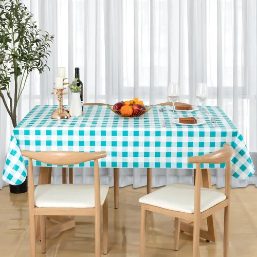 Vista 7 de Mantel de plástico a cuadros verdes y blancos, 60 x 84 pulgadas, vinilo impermeable con reverso de franela para fiestas