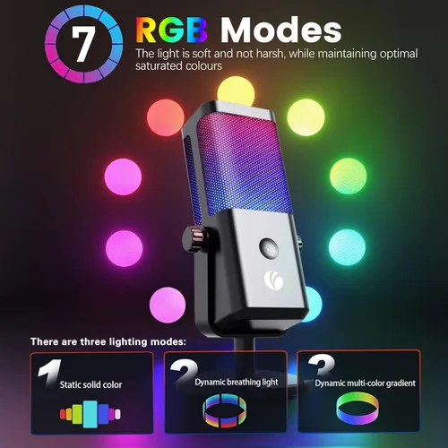 Vista 6 de VCOM - Micrófono USB para PC, micrófono RGB para juegos con botón de silencio, control de ganancia, conector de auriculares de monitoreo de 3.5 mm