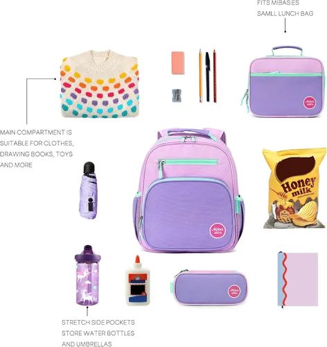 Vista 6 de mibasies Mochila para niñas y niños, ideal para niños y niñas, mochila para preescolar jardín de infantes y primaria, Púrpura claro, Niñito-12