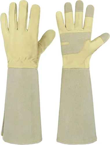 Vista 27 de HANDLANDY Guantes de poda largos para hombres y mujeres, de piel de cerdo, guantes de jardinería de rosas, guantes transpirables y duraderos