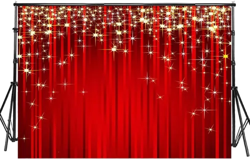 Vista 10 de Sensfun 6x6 pies Telón de fondo rojo con estrellas de Navidad, purpurina dorada, estrella de fotografía, fondo de foto con serpentina roja, telones