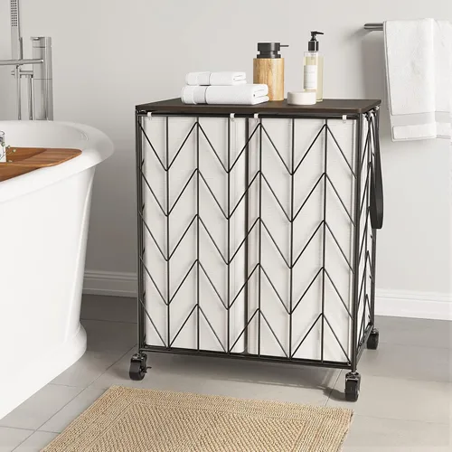 Vista 2 de WOWLIVE Cesta de lavandería con ruedas, cesta de lavandería resistente con tapa de madera, cesta de ropa con bolsa interior extraíble dividida