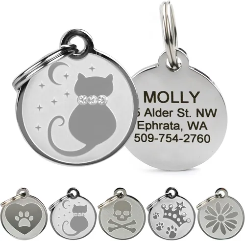 Vista 7 de Placas personalizables para mascotas, de acero inoxidable, para perros y gatos. Grabado personalizable con cuatro líneas de texto, elegante