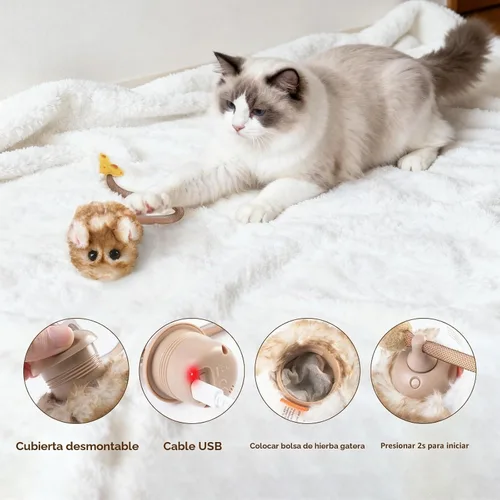 Vista 6 de Migipaws MigiMouse - Juguete interactivo para gatos de 360° con cola de plástico de malla para gatos de interior, sensor de movimiento inteligente