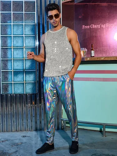 Vista 6 de WDIRARA Camiseta sin mangas con cuello redondo y lentejuelas para hombre