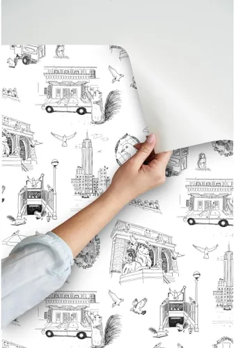 Vista 3 de Papel tapiz para despegar y pegar, papel tapiz extraíble personalizado de Nueva York Toile NYC Pigeons Squirrels Central Park Spoonflower