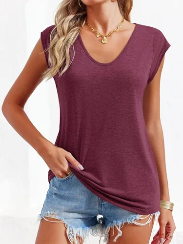 Vista 3 de Langwyqu Blusas de manga casquillo para mujer, estilo casual, holgadas, básicas, camisetas sin mangas