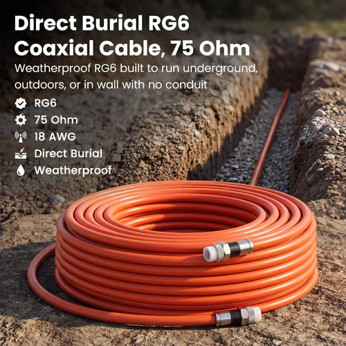 Vista 2 de GEARit Cable coaxial para enterramiento directo (15 pies) RG6 70 ohmios RF impermeable subterráneo en pared con protector de goma, Internet de alta