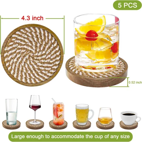 Vista 5 de Eykao Paquete de 5 posavasos absorbentes para bebidas, posavasos tejidos de 4.3 pulgadas para mesas de café, posavasos de madera para protección