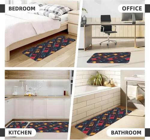 Vista 4 de Antifatigue Kitchen Mats for Floor 2 Piece - Retro Color Racing Car Print Kitchen Rugs Non Slip Washable, Runner Rug Standing Mat for
