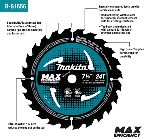 Vista 2 de Makita B-61656 7-1/4" 24T - Hoja de sierra circular de máxima eficiencia con punta de carburo, encuadre