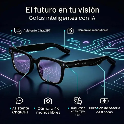 Vista 2 de Lentes inteligentes AI con cámara, gafas Bluetooth con video HD 4K y traducción en tiempo real de más de 164 idiomas ChatGPT integrado, batería de 8