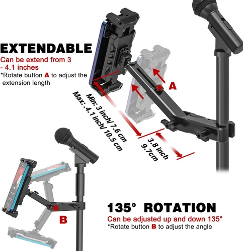 Vista 2 de Soporte para iPad para soporte de micrófono, soporte de música para tableta con abrazadera en C para soporte de partituras, soporte de teléfono