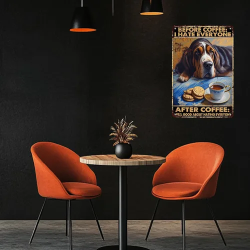Vista 4 de KIYOYO Basset Hound Dog - Cartel de metal vintage de hound con texto en inglés "Before Coffee After Coffee" (Antes del café después del café)
