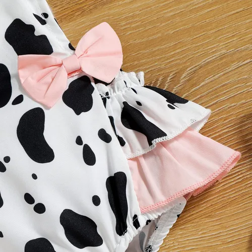Vista 5 de IDOPIP Mameluco de verano con estampado de vaca, sin mangas, con volantes, espalda descubierta, con diadema, traje de cumpleaños de vaca