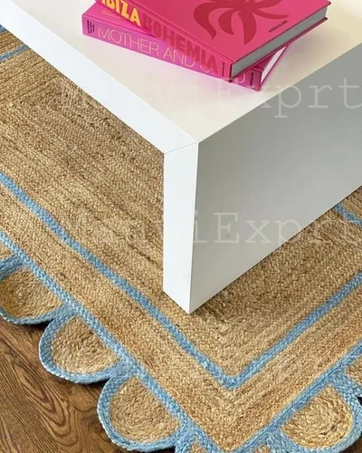 Vista 4 de Manvi Exports - Alfombra festoneada de yute natural turquesa, alfombra bohemia decorativa tejida a mano, alfombra decorativa personalizada (TUR)