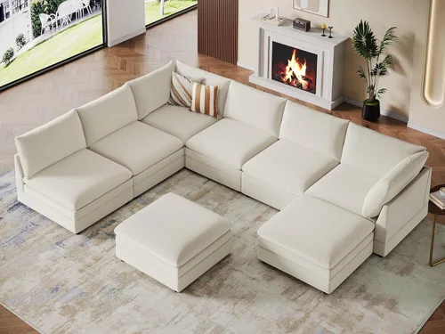Vista 10 de VANOMi Sofá modular modular en forma de L de 98 pulgadas con otomana Beige