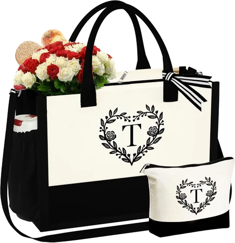 Vista 9 de YOOLIFE Regalos para mujeres – Bolsa de playa con monograma inicial con bolsa de maquillaje, día de la madre, regalos de cumpleaños para mujeres
