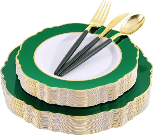 Vista 14 de WDF 30 Invitados - Platos de plástico negro y dorado, platos de Año Nuevo, cubiertos de plástico dorado con mango negro, vajilla desechable barroca
