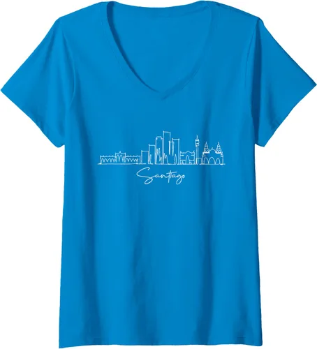 Vista 9 de Camiseta con cuello en V City Skyline Santiago Chile para mujer, Negro
