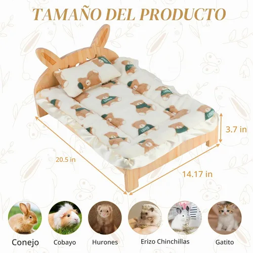 Vista 2 de BWOGUE Cama grande de madera de conejo, cama plegable 2 en 1 para mascotas con cojín reversible y almohada, fácil de montar, camas para animales