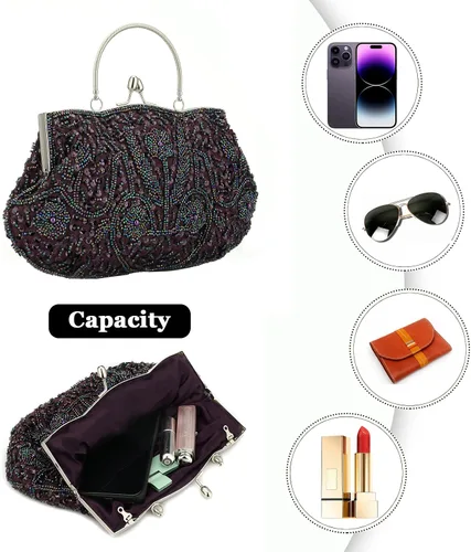 Vista 3 de Bolso de mano de noche con cuentas vintage para mujer, diseño vintage, lentejuelas, floral, asa superior, bolso de fiesta, boda, cartera, Púrpura