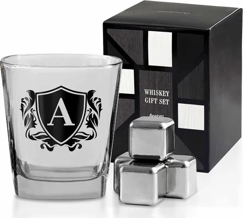 Vista 18 de Regalos de whisky para hombres, vaso de whisky con inicial personalizada con piedras de whisky para papá, novio, mejores amigos, compañeros