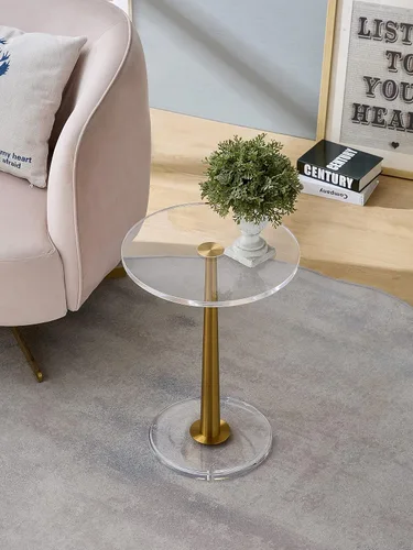 Vista 5 de Mesa de acrílico transparente con poste de metal de cono (pequeña, oro cepillado)