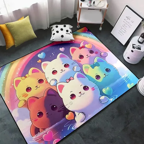 Vista 18 de Alfombra de gato para habitación de niñas, diseño de dibujos animados, decoración para dormitorio, bonita alfombra de área de gatos, alfombras