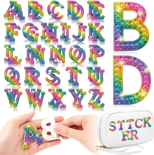 Vista 9 de 52 piezas de diamantes de imitación de letras de perlas A-Z suministros de regreso a casa, color negro Rhinestone Letter Patches, A-Z Alphabet