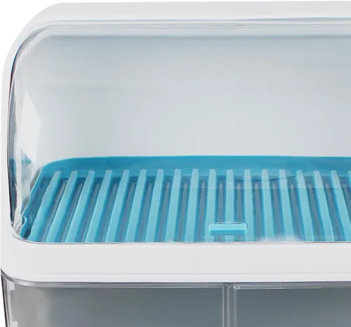 Vista 9 de Escurridor de platos de 2 niveles, escurridor de platos de cocina con cubierta de tapa, soporte pequeño de plástico para utensilios de cocina